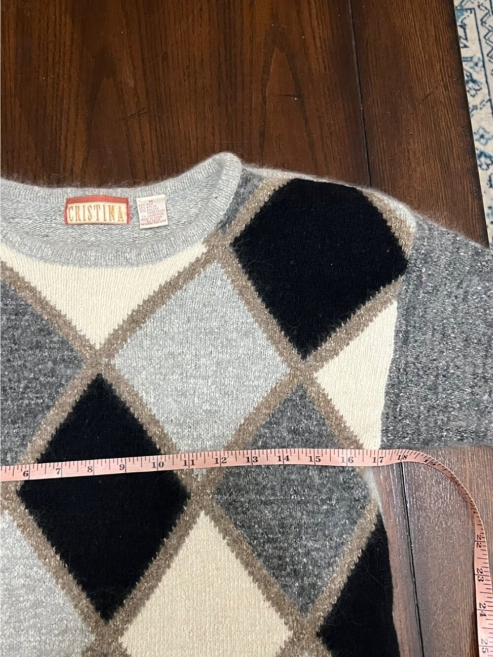 Vintage Crewneck Argyle Sweater Silk Angora Wool Black Gray 80s 90s Fuz Soft Med - Picture 5 of 7